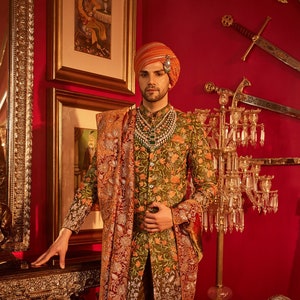 Maharaja’s Bagh, Men’s Embroidered Sherwani, Indian Wedding Clothes, Indian Groom Outfit, Designer Sherwani, Pure Silk Sherwani Outfit