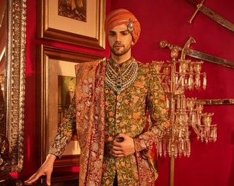 Sherwani with Antique Kashmiri Fusion work, Sherwani For Men, Kashmir Wear, Sherwani Set, Mens Clothing, Groom Sherwani, Indian Kashmiri Set