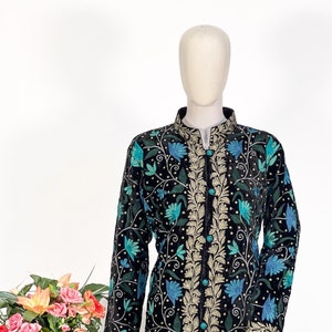 Long All Over Floral Embroidered Long Coat, Tilla Aari Work Kashmiri Coat, Indian Jacket, Black Kashmir Jacket, Bohemian Coat, Ethnic Coat