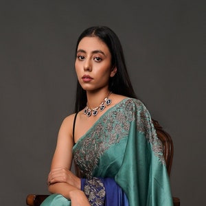 Pure Satin Ombré Shaded Saree with Tilla and Thread Embroidery, Kashmiri Saree, Satin Saree, Designer Saree, Indian Saree, Ethnic Clothes