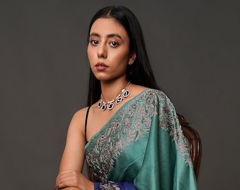 Ombré Satin Saree, Kashmiri Embroidery, Indian Designer Dress