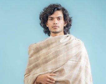 Pure Pashmina Natural Checked Shawl With Sozni Hand Embroidery, Pure Cashmere Shawl, Cashmere Wrap, Men Shawls