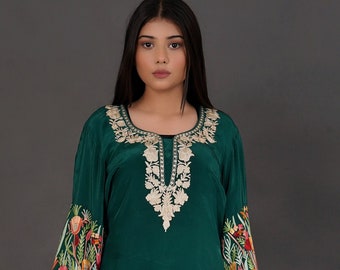 Bottle Green Kurta with Kashmiri Aari and Zari Embroidery, Embroidered Tunics, Long Women Kurta, Stylish and Elegant Ethnic Wear for Women