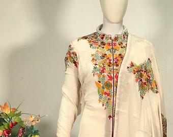 Off White Achkan Style Kashmiri Embroidered Suit, Designer Women Salwar Suits, Indian Wedding Salwar Kameez, Pashmina Suit, Indian Dress