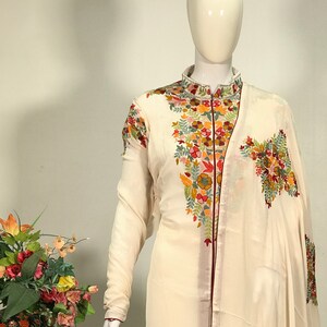 Off White Achkan Style Embroidered Salwar Suit, Kashmiri Aari Work, Cotton Chinon Dupatta