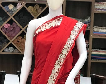 Red Zari Embroidered Kashmiri Saree, Women Indian Ethnic, Traditional Outfit, Kashmir Embroidery, Kashmiri Sari, Women Dress, Prom Outfit