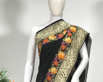 Aari Tilla Double Border Embroidered Kashmiri Saree, Indian Ethnic Dress, Wedding Sarees, Black Kashmiri Sari Dress, Women Sarees