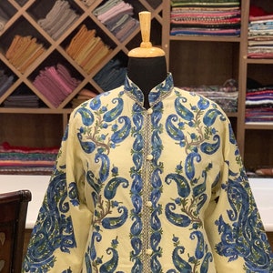 Kashmiri Jacket, Embroidered Coat, Indian Coat, Ethnic Jacket, Hippie Coat, Bohemian Jacket, Silk Coat, Winter Jacket, Long Jacket, Cream