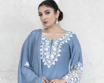 Designer Blue Aari Work Shirt Palazzo & Dupatta Set, Salwar Kameez, Indian Dress, Spring Clothing, Salwar Suit, Anarkali Suit, Punjabi Suit