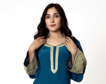 Kashmiri Kurta, Embroidered Dress, Boho Crepe Kurta, Indian Dress, Gold Embroidery Tunic, Kashmiri Clothing, Spring Tunic, Traditional Tunic