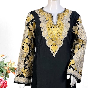 Black Pure Wool Phiran with Aari And Tilla Hand Embroidery, Kashmiri Phirans, Women Tunic, Tilla Phiran, Indo Western Wear, Vintage Kurtas