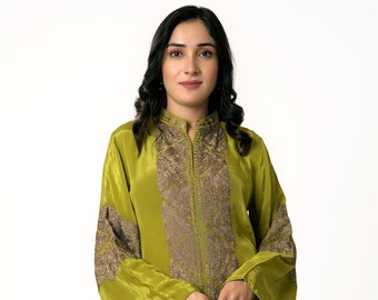 Kurta with Silk Thread Achkan Style Aari Embroidery, Chinese Collar Embroidered Tunics, Indian Women Kurta, Formal Ethnic Wear, Mughal Tunic