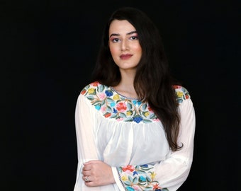 Bell Sleeves Tunic Top with Silk Thread Embroidery, Kashmiri Kurtas, Women Tunics, Rich Hippie Tops, Indo Western Wear, Bohemian Women Tops