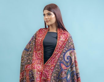 Pure Pashmina Multi-Colour Shawl With Sozni Kalamkari Hand Embroidery, Wedding Pashmina Shawl, Pure Cashmere Shawls