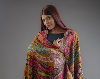 Multi-Color Pure Pashmina Shawl With Sozni Kalamkari, Wedding Pashmina Shawl, Pure Cashmere Shawls, Indian Shawl, Traditional Wrap Shawl