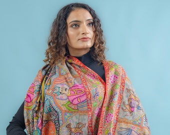 Pure Pashmina Multi-Colour Darbar Shawl With Kalamkari Hand Embroidery, Paisley Shawl, Kalamkari Shawl, Ethnic Scarf India, Wedding Wrap