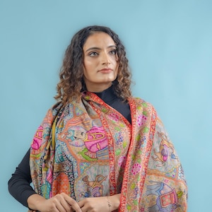 Pure Pashmina Multi-Colour Darbar Shawl With Kalamkari Hand Embroidery, Paisley Shawl, Kalamkari Shawl, Ethnic Scarf India, Wedding Wrap image 1