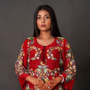 Cotton Kurti with Kashmiri Aari Embroidery, Long Women Kurta, Indian Wear Tunics, Kashmiri Suit, Maroon Kurti, Traditional Kurta,Indian Wear