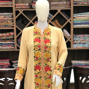 Beige Achkan Styled Indian Embroidered Tunic, Kashmiri Embroidered Kurta, Long Women Tunics