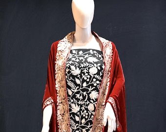 Red Velvet Cape, Paisley-Chinar Design Woman Shawl, Red Velvet Embroidered Stole, Kashmir Zari Work, Golden & Silver Tilla Embroidery Poncho