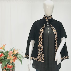 Black Velvet Cape Poncho with Floral Embroidery, Kashmiri Embroidered Capes, Black Velvet Women Cape Poncho, Boho Girls Capes Poncho
