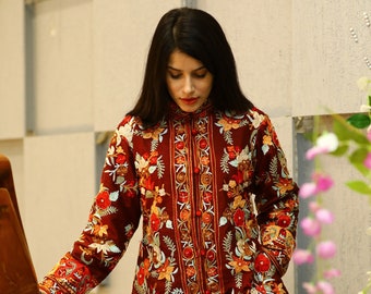 Maroon Kashmiri Jacket, Embroidered Coat, Pure Wool Winter Jacket, Wedding Boho Jacket, Indian Ethnic Wear, Fusion Clothing, Asian Jacket