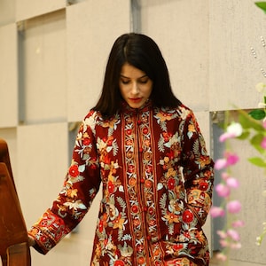 Maroon Kashmiri Jacket, Embroidered Coat, Pure Wool Winter Jacket, Wedding Boho Jacket, Indian Ethnic Wear, Fusion Clothing, Asian Jacket