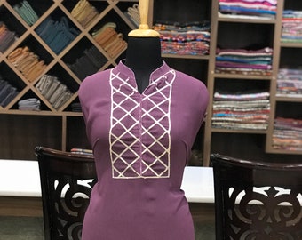 Hand Gota Work Kurta, Long Women Kurti, Purple Embroidered Tunic