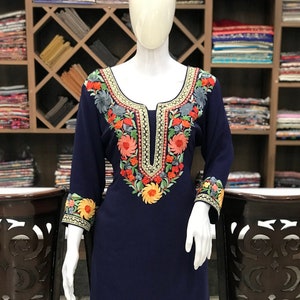 Navy Blue Kashmiri Floral Embroidery Dress, Zari & Aari Fusion Work Woman Salwar Suit, Designer Shalwar Kameez, Indian Suit Embroidery