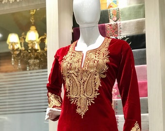 Red Velvet Tilla Embroidered Kashmiri Kurta, Indo Western Kurtas, Embroidered Women Tunic, Spring Indian Dress, Kashmiri Pheran, Traditional