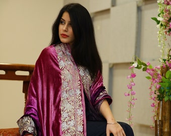 Gloss Velvet Ombre Cape, Royal Kashmir Orni Shawl, Velvet Embroidered Stole, Kashmiri Zari Work, Golden & Silver Tilla Embroidery Poncho