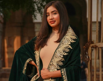 Green Velvet Cape, Velvet Shawl, Embroidered Cape, Velvet Poncho, Indian Embroidered Cloak, Traditional Cape, Kashmiri Clothing, Royal Cloak
