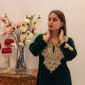 Green Tilla Embroidered Kurta, Long Length Kurti, Kashmiri Work Tunics, Velvet Kurta, Kashmiri Phiran, Ethnic Kurta, Womens Clothing