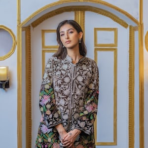 Ombre Floral Embellished Long Coat, Tilla Aari Work Kashmiri Coat, Indian Jacket, Black Kashmir Jacket, Brown Bohemian Coat, Ethnic Coat