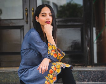 Denim Tunic Top Featuring Thread Embroidery with Scalping, Kashmiri Kurta, Women Tunics, Rich Hippie Tops, Indo Western Wear, Boho Women Top