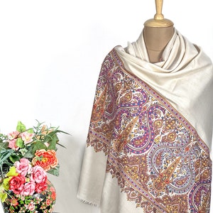 Pure Pashmina Off-White Shawl With Papier Mache Hand Embroidery, Wedding Pashmina Shawl, Pure Kashmiri Shawls image 1