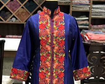 Blue Kashmiri Jacket ~ Embroidered Coat For Women With Floral Elements