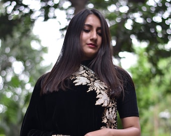 Velvet Shawl, Royal Orni, Bohemian Shawls, Tilla Embroidered Boho Women Shawls, Kashmiri Zari Embroidery Work Wrap, Bohemian Kashmir Wraps