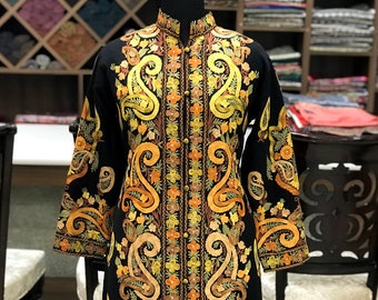 Kashmiri Jacket, Embroidered Coat For Women, Black Jacket Coat, Winter Jacket, Embroidered Clothing, Oriental Jacket, Boho Coat, Indian