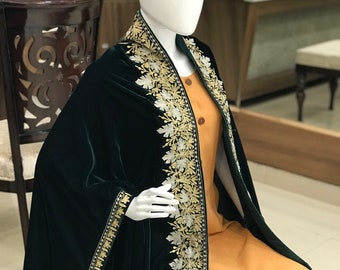 Kashmiri Shawl, Velvet Cape, Green Formal Shawl, Embroidered Cape, Ottoman Cape, Velvet Poncho, Kashmiri Indian Shawl,Wedding Cape For Bride