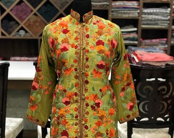 Kashmiri Jacket, Indian Jacket, Floral Coat, Long Jacket, Embroidered Jacket, Kashmiri Coat, Silk Jacket, Kashmiri Clothing, Traditional