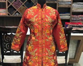 Kashmiri Jacket, Embroidered Coat, Floral Kashmiri Coat, Women Red Coat, Fall Clothing, Multi Color Aari Embroidery, Kashmiri Clothing