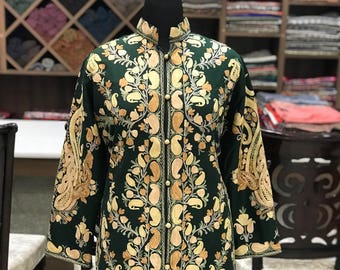 Kashmiri Jacket, Embroidered Coat Green, Kashmiri Coat, Kashmiri Clothing, Winter Coat, Wool Jacket, Winter Clothing, Kashmiri Women Jacket