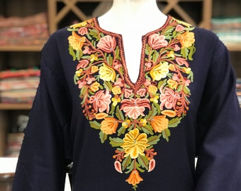 Kashmiri Woolen Phiran, Embroidered Kurta Tunic, Boho Dress