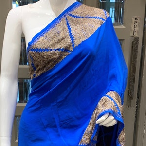 Royal Blue Pure Crepe Intricate Aari Embroidered Kashmiri Saree, Women Indian Ethnic, Traditional Outfit, Kashmir embroidery, Kashmiri Sari