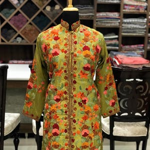 Kashmiri Jacket, Indian Jacket, Floral Coat, Long Jacket, Embroidered Jacket, Kashmiri Coat, Silk Jacket, Kashmiri Clothing, Traditional