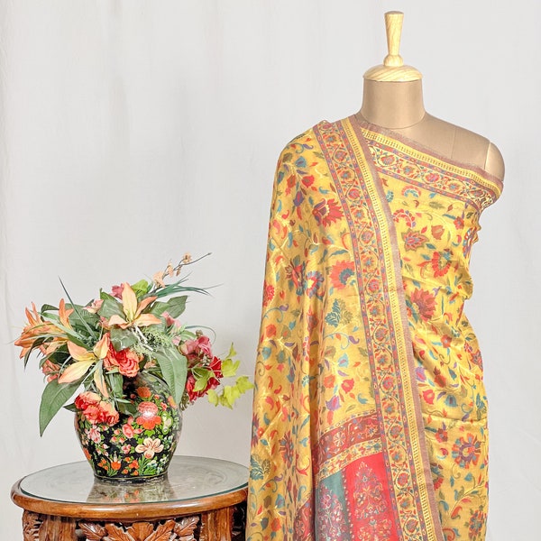 Yellow Modal Silk Kani Dupatta with Floral Design, Women Silk Dupattas, Rich Party Wear Dupattas, Women Wraps