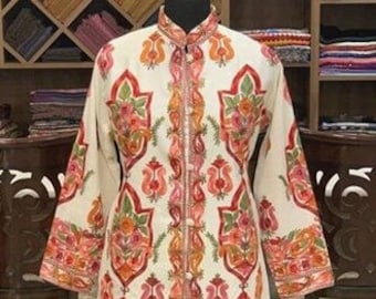 Kashmiri Jacket, Embroidered Long Coat, Boho Jacket, Kashmiri Coat, Kashmiri Clothing, Indian Coat, Traditional Jacket, Floral Embroidery