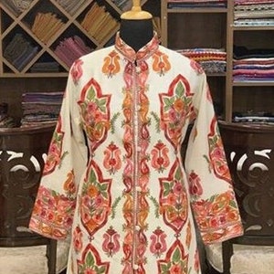 Kashmiri Jacket, Embroidered Long Coat, Boho Jacket, Kashmiri Coat, Kashmiri Clothing, Indian Coat, Traditional Jacket, Floral Embroidery