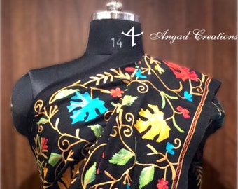 Black Aari Embroidered Kashmiri Saree, Indian ethnic Saris, Traditional Sari, kashmiri work, Black Women Sari Dresses